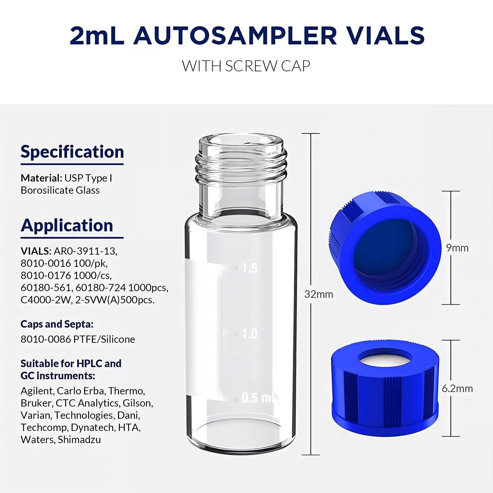 2ml Autosampler Vials 1000PCS+Pre-Slit Caps 9-425 Glass Bottle Screw Top HPLC GC