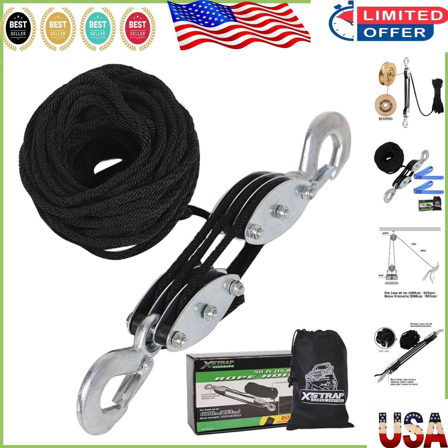 Premium 50 FT Heavy-Duty Pulley System – 2,000 LB Strength with Easy Use Loops