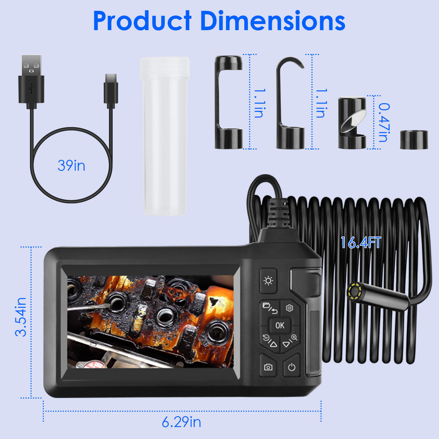 1080P Endoscope Camera with 8 LED Light 8mm Borescope Inspection Camera 16.4FT
