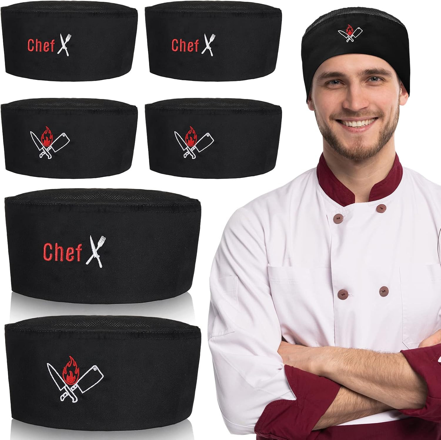 6 Pieces Black Chef Hats for Men Women Adjustable Kitchen Cooking Chef Skull Cap