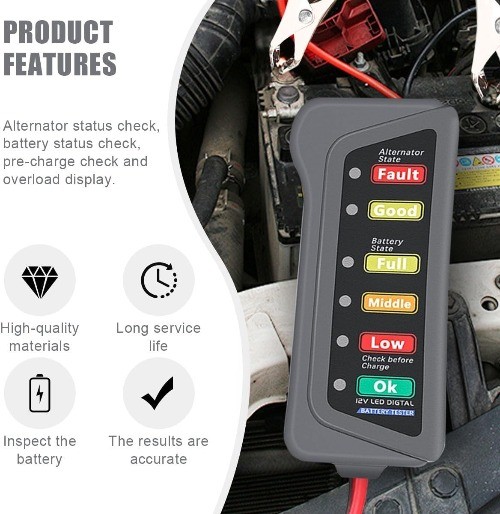 12V Car Battery and Alternator Tester with 6 LED Indicators, Automotive Battery