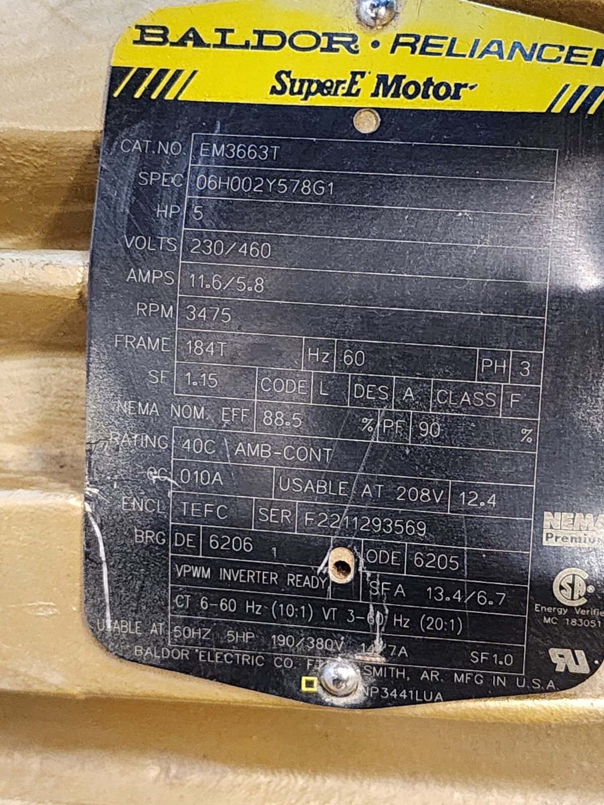 Baldor Reliance Phase General Purpose Motor 5 HP 184T Frame 208-230/460V EM3663T