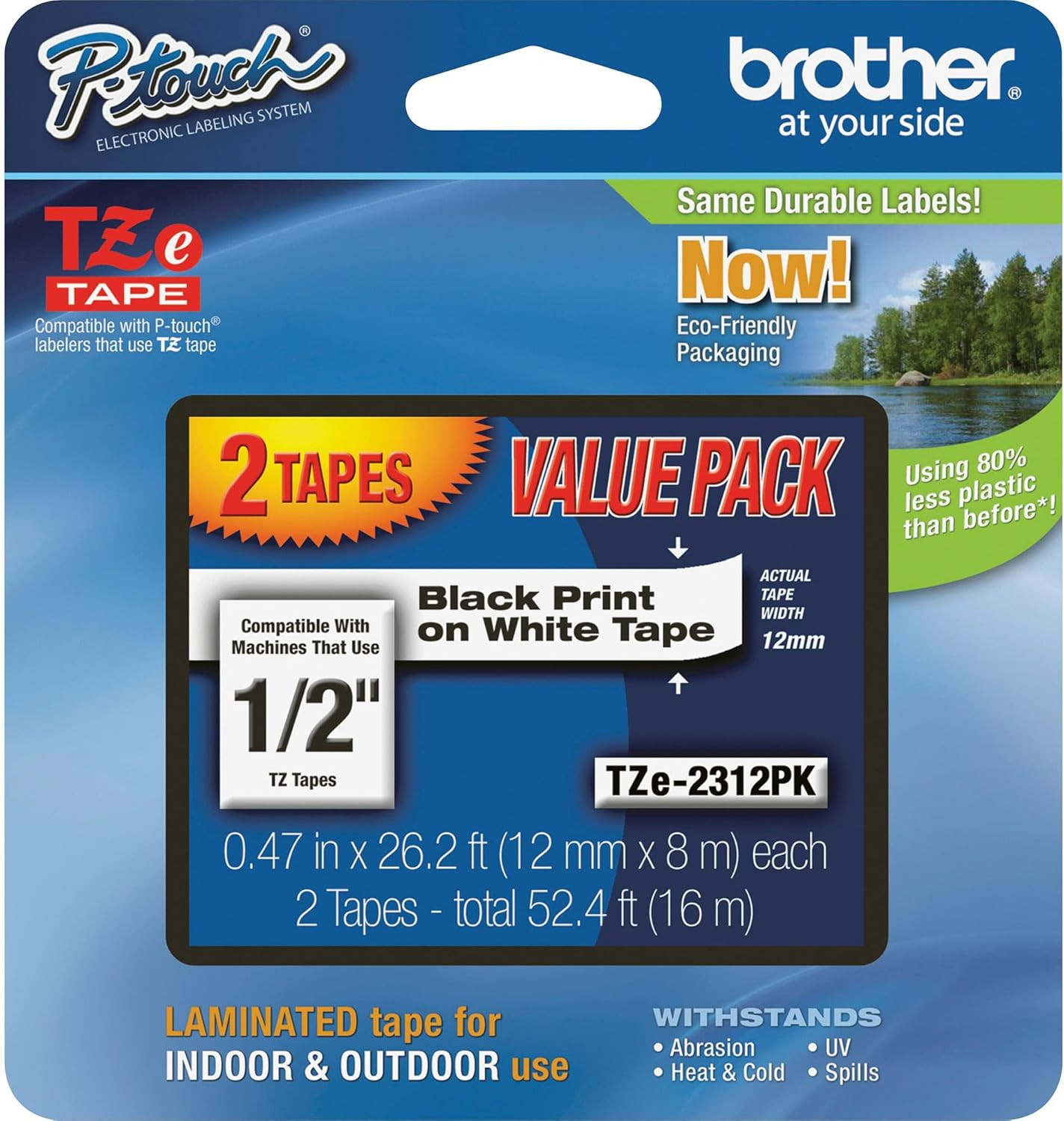 Genuine P-Touch, Tze-231 2 Pack Tape (TZE2312PK) ½”(0.47”) X 26.2 Ft. (8M) Lamin