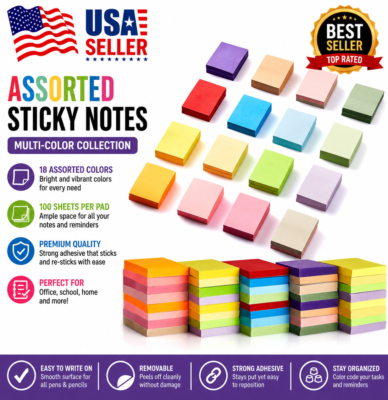 40 Pads Sticky Notes 1.5×2 Inch 16 Colors Self Stick Memo Notes Removable Pads