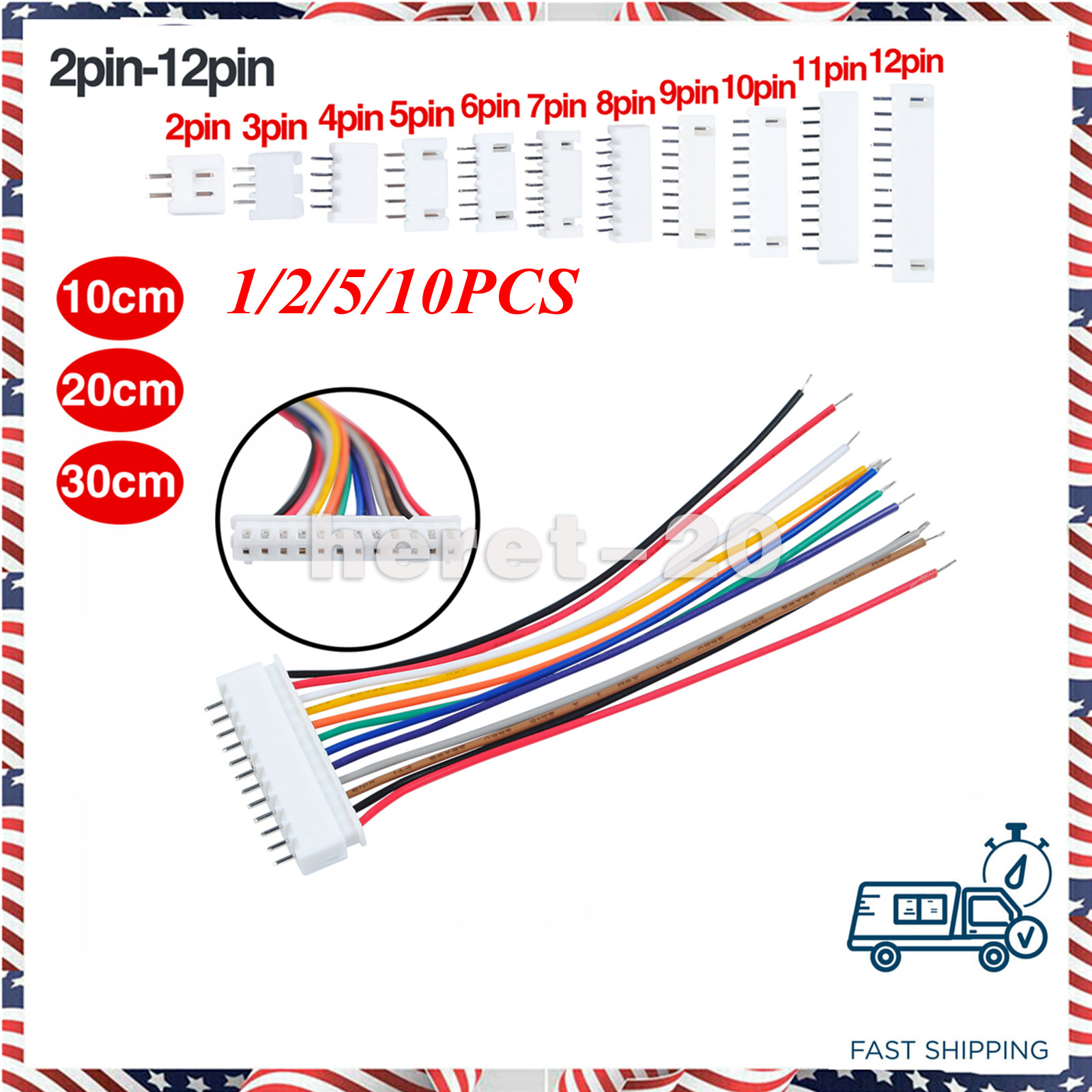 JST-XH2.54mm Pitch Connector Cable Male to Female 2/3/4/5/6/7/8/9/10/11/12 Pin