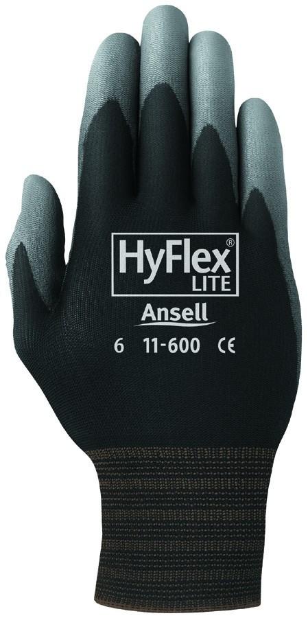 12 Pair(1 dozen) Ansell HyFlex Lite Gloves Black/Gray Size 11 11-600-11