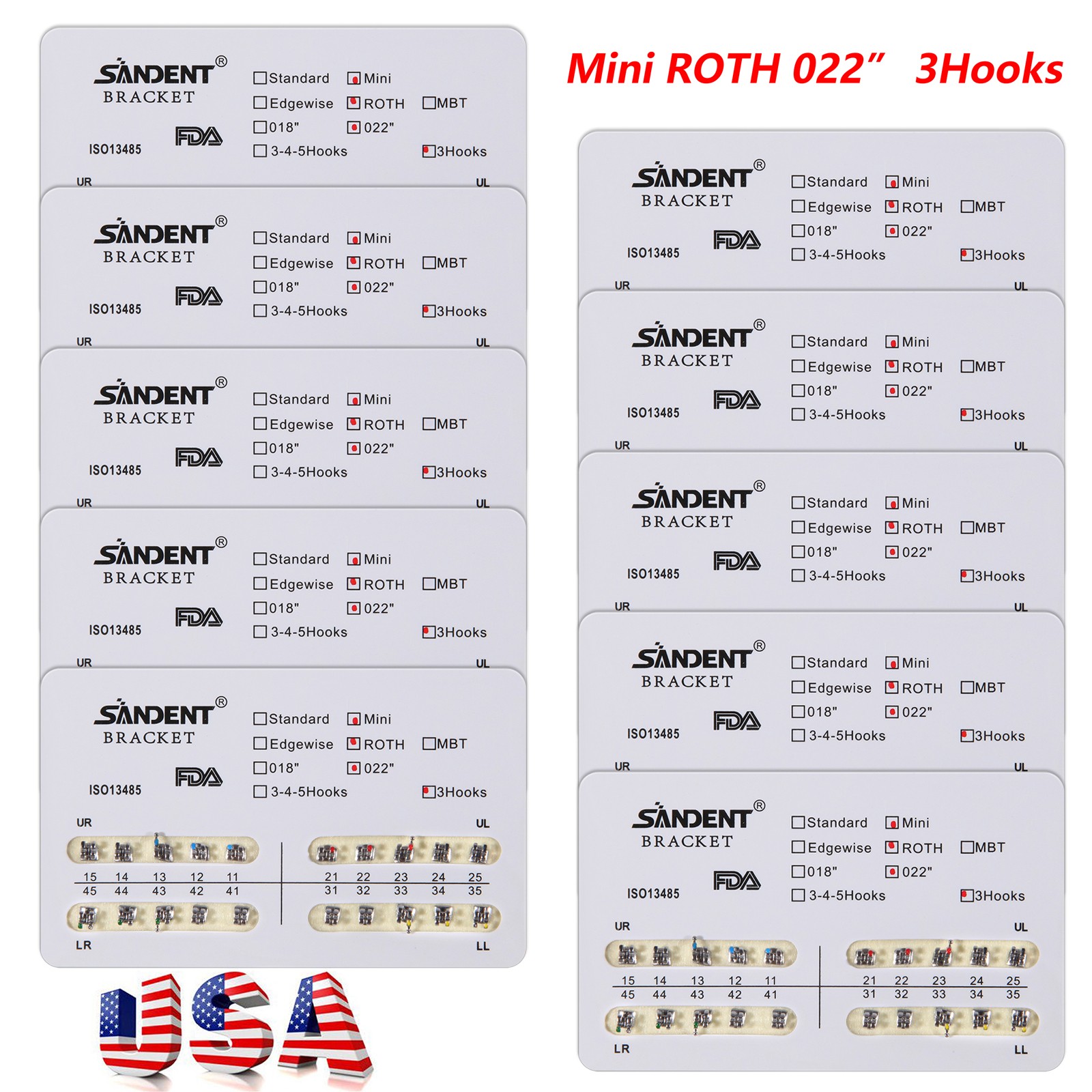10Packs Soportes de ortodoncia dental Braces Mini Roth Slot.022 3 ganchos