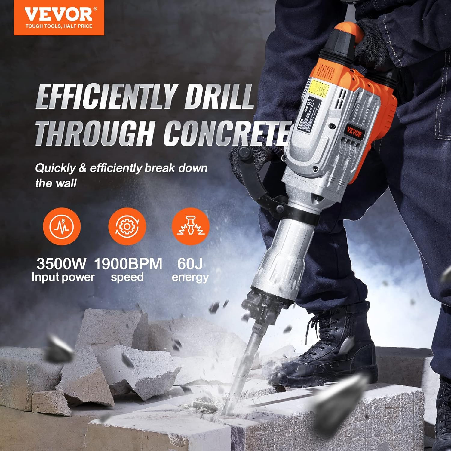 Demolition Jack Hammer, 3500W Jack Hammer Concrete Breaker 1900 BPM Heavy Duty E