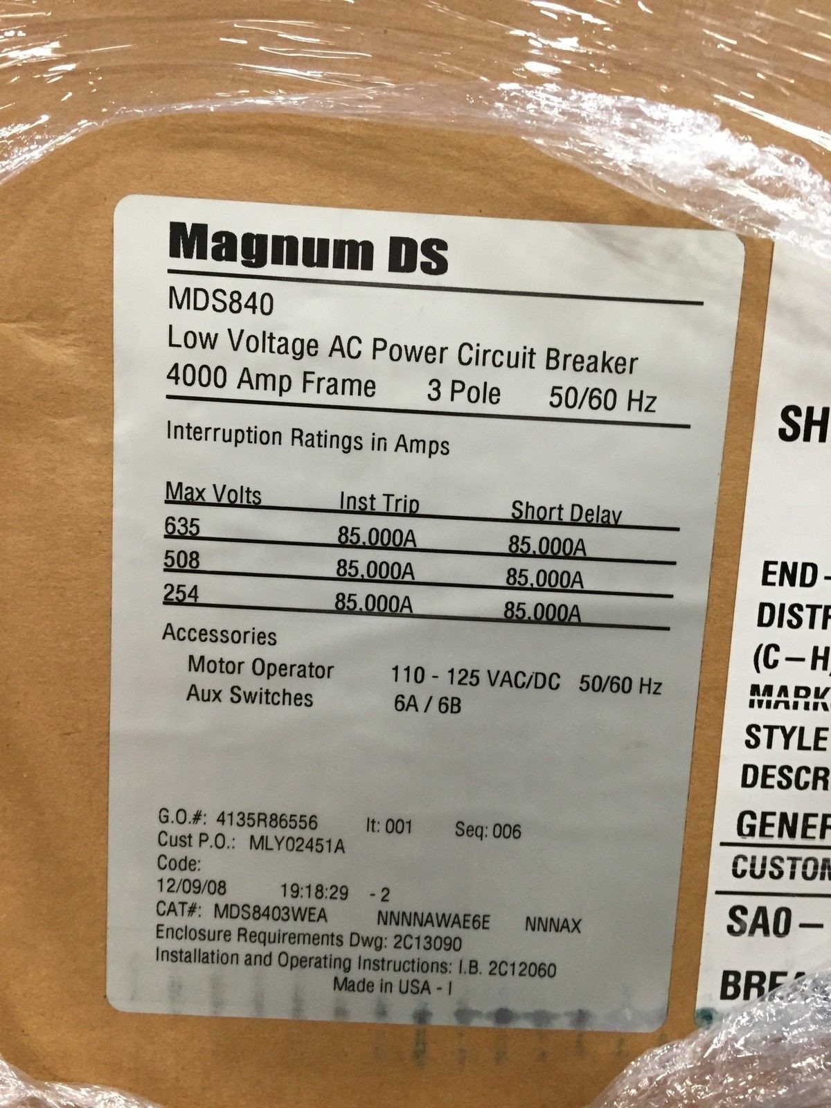 Cutler-Hammer MDS8403WEA 4000 A Magnum DS Low Volt AC Power Circuit Breaker