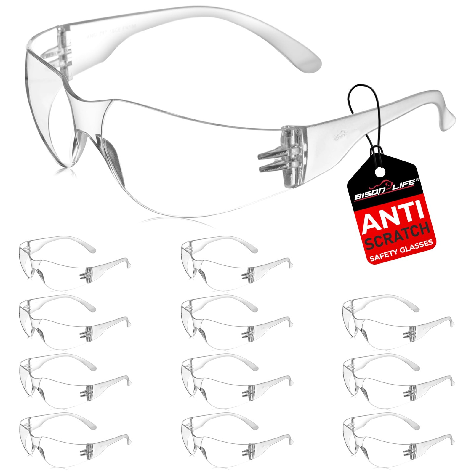 BISON LIFE Safety Glasses, One Size, Clear Protective Polycarbonate Lens – C…