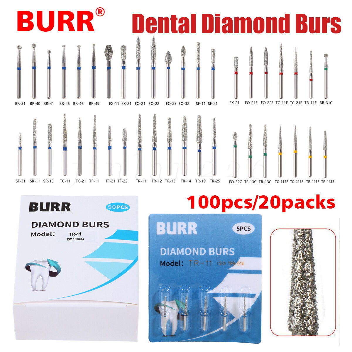 50pcs Fresas es de Diamante FG Mezclado Diamond Burs FG 1.60mm a&