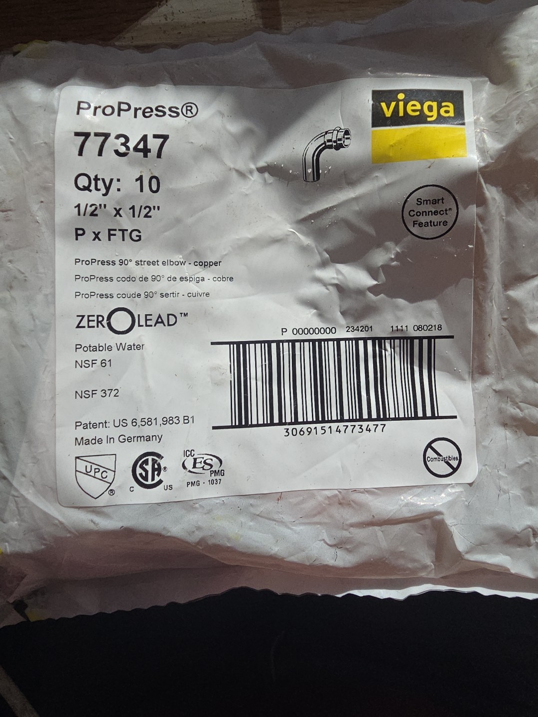 Viega ProPress 1/2 in. Press x 1/2 in. FTG 90-Degree Street Elbow – 10PK – 77347