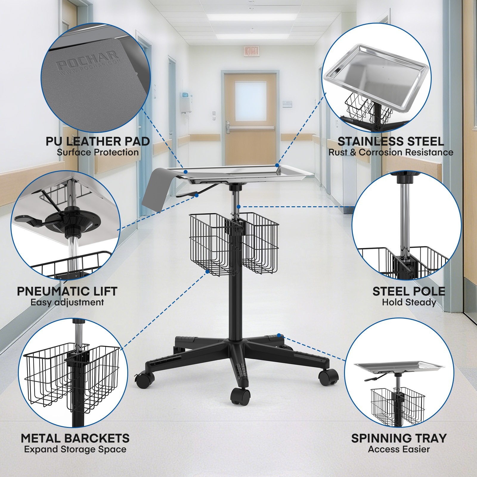 Stainless Steel Instrument Tray on Wheels, Height Adjustable Medical Tray Cart