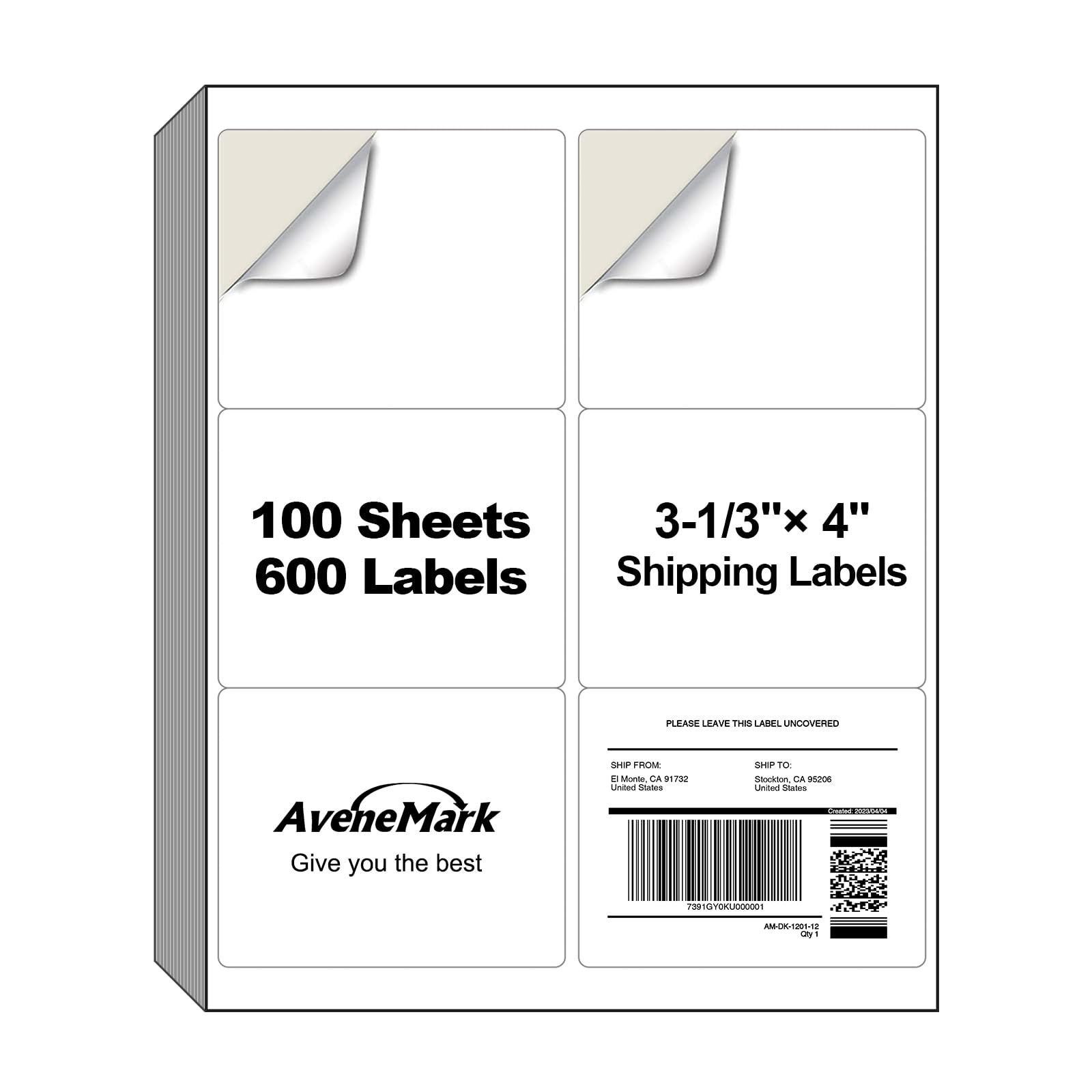 AveneMark 100 Sheets 600 Labels Shipping 6UP-3-1/3″ x 4″ | 600 Labels, White
