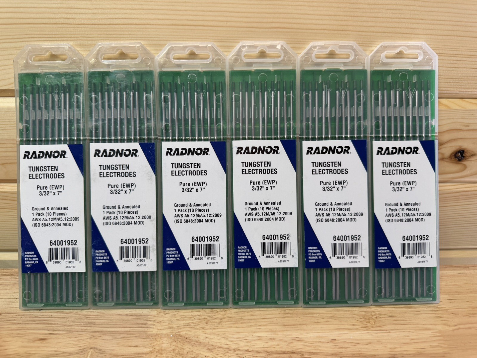 6 Packs of Radnor Pure Tungsten Electrodes 3/32 in x 7 in 10-Pack MPN 64001952