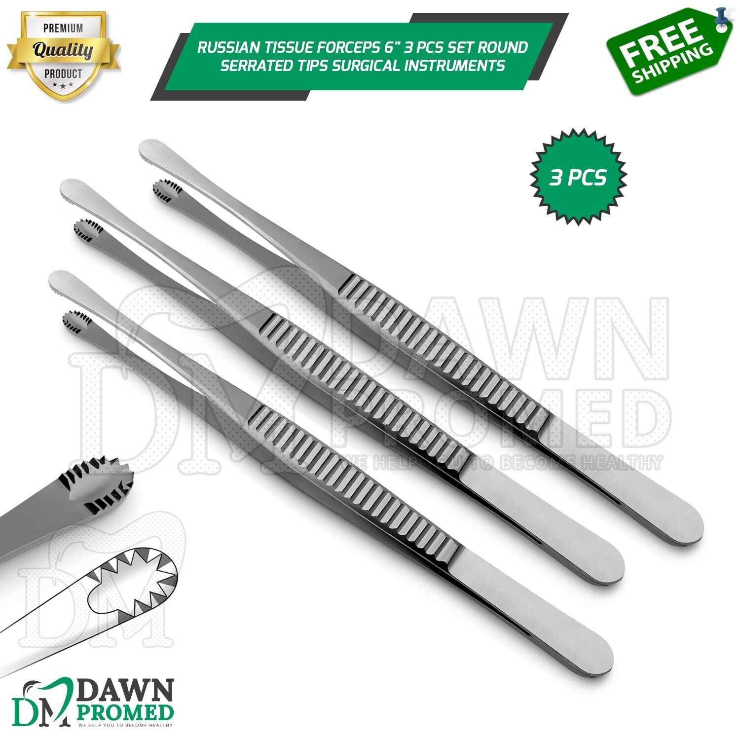 Russian Tissue Forceps 6″ 3 Pcs Set Round Serrated Tips Surgical Inst German Gr