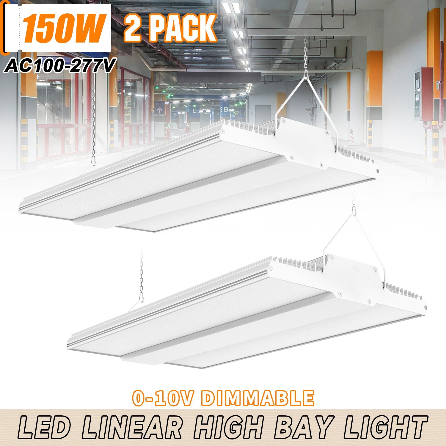 2-Pack 150W LED Linear High Bay Light 22500LM UL Listed Commercial Shop Lighting