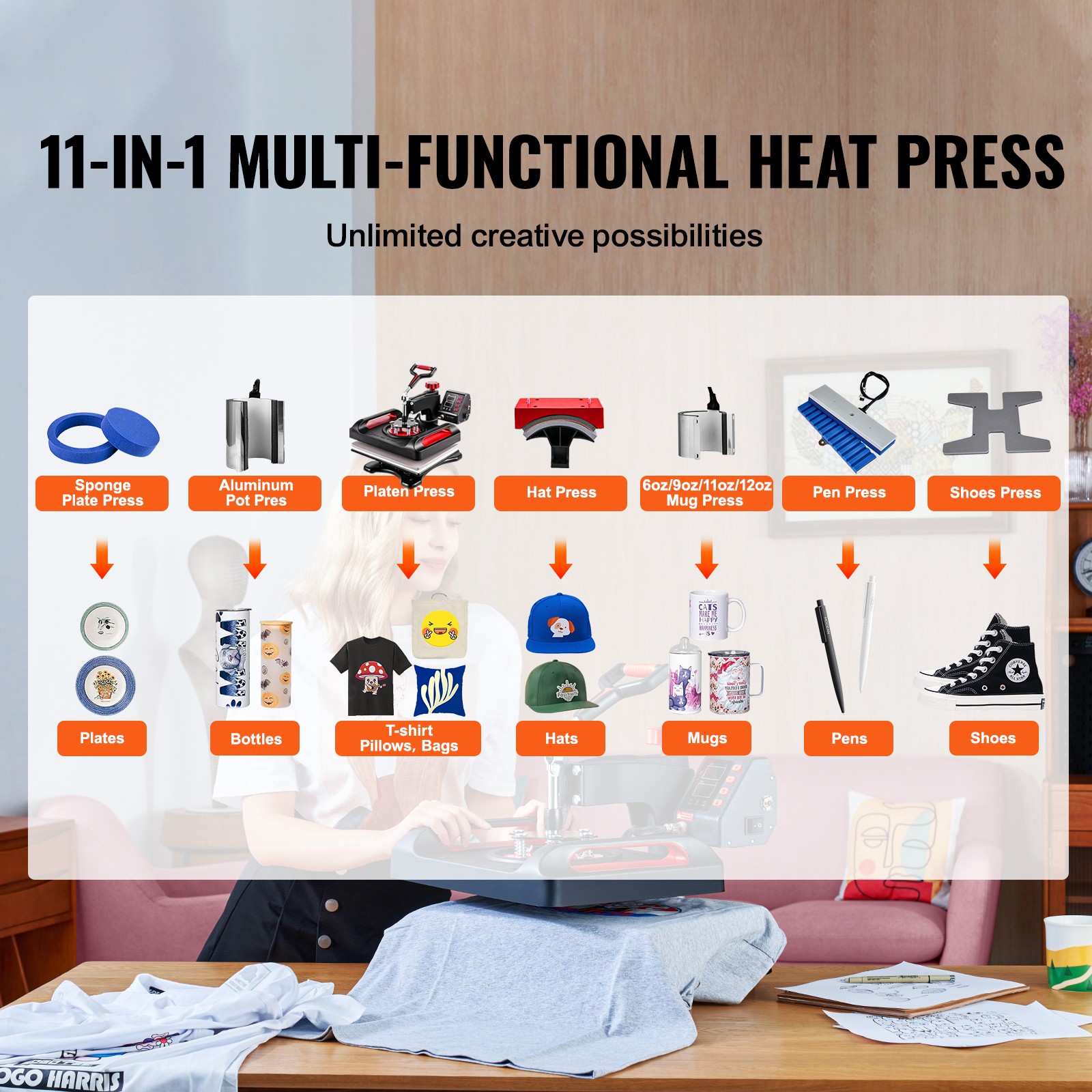 VEVOR 11 in 1 Combo Heat Press 15″x12″ Sublimation Machine T-Shirt Mug Hat Plate