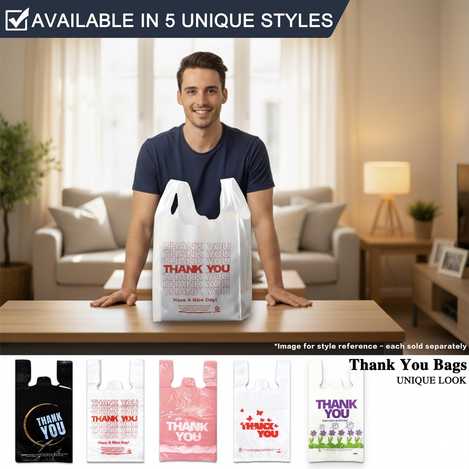 1000 Pack White Thank You T-Shirt Bags with Handles, 11″x6″x21″ Plastic Shopp…