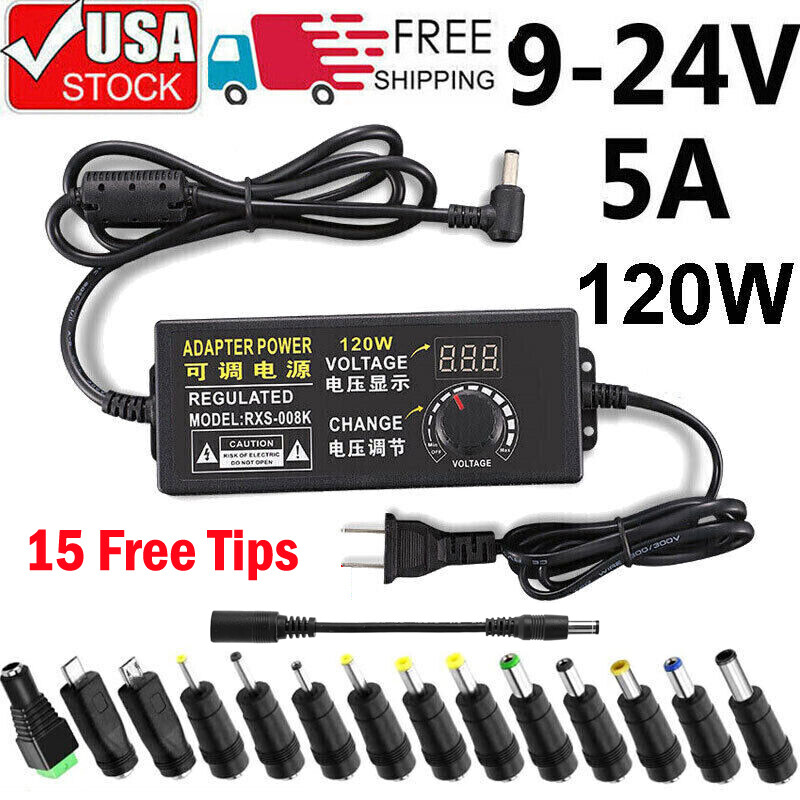 9V-24V 5A 120W Adjustable Voltage Power Supply Adapter Transformer with 15 Plugs