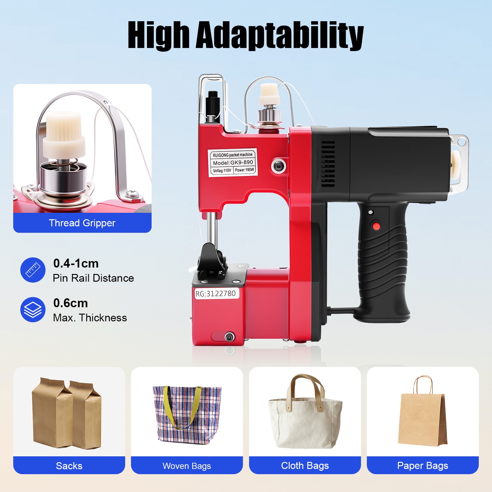 Heavy Duty Leather and Canvas Sewing Machine Max Thickness 6mm 15000rpm 190W