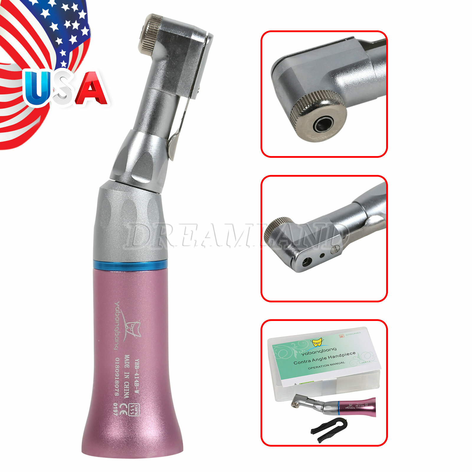 Dental Low Speed Handpiece Contra Angle E-type Wrench Latch Bur Fit NSK PINK