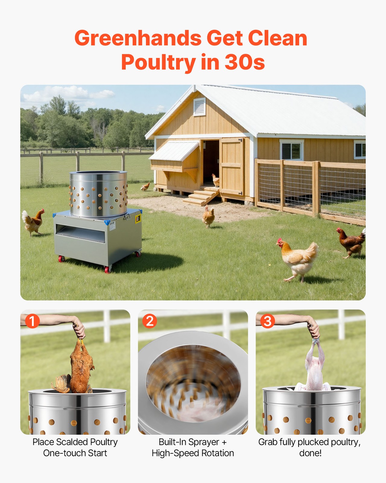 VEVOR 23.6″ Electric Chicken Plucker Machine 2200W & 275RPM 119 Fingers & Wheels