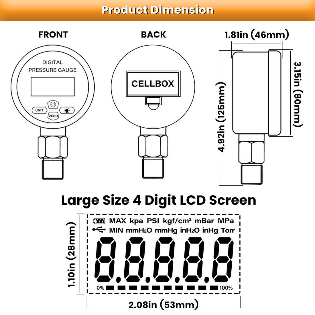 10000PSI Digital Hydraulic Pressure Gauge Manometer 1/4 inch NPT 700BAR/70Mpa