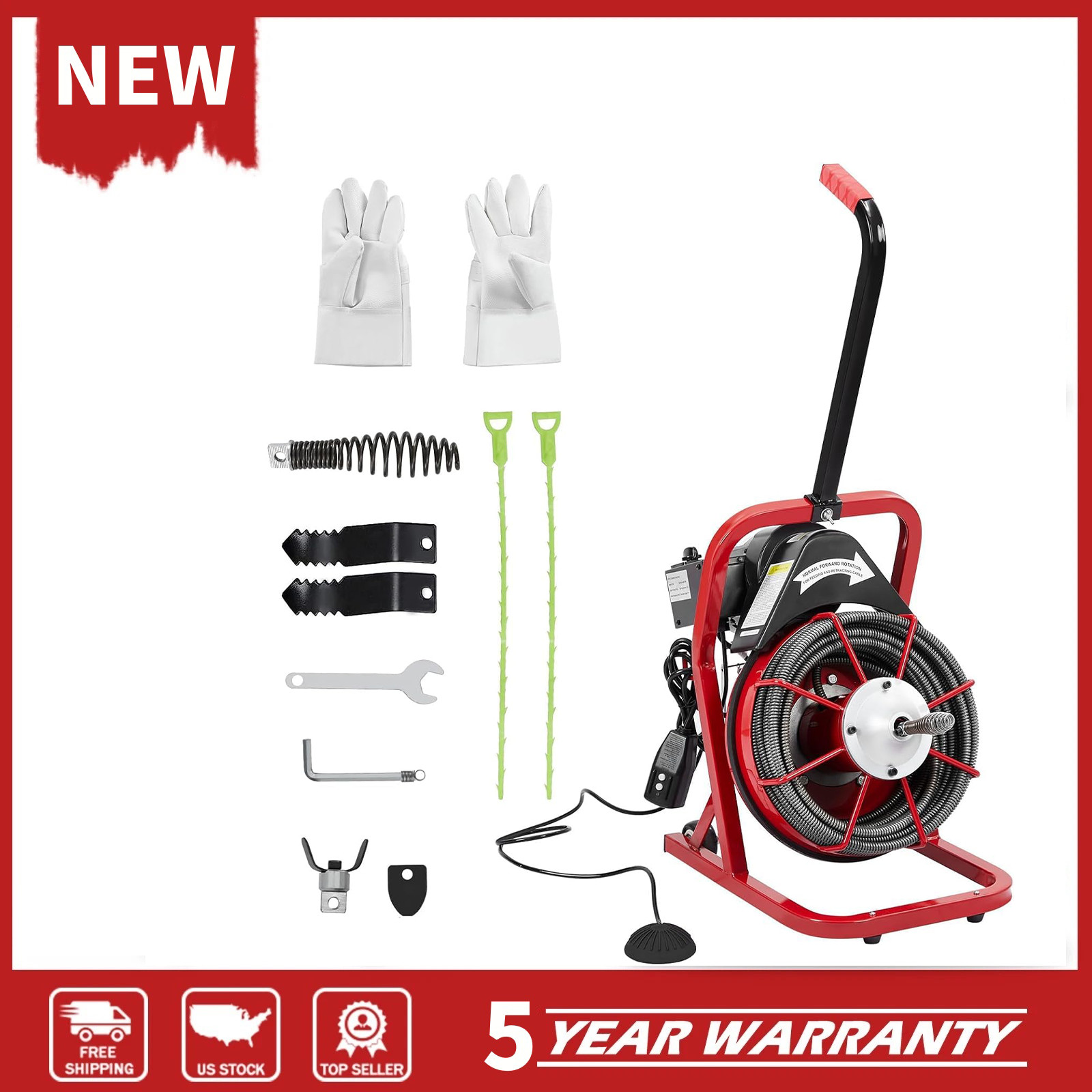 Drain Cleaner Machine,75FT_1/2in,Automatic Electric Drain Auger for 1to4 in Pipe
