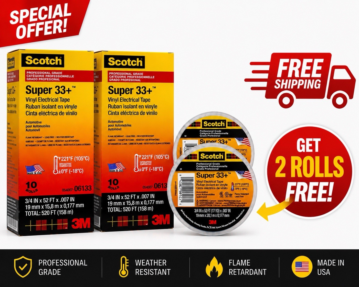 Scotch 3M Super 33+ Vinyl Electrical Tape, 2 BOXES (20 ROLLS) + FREE GIFT 🎁