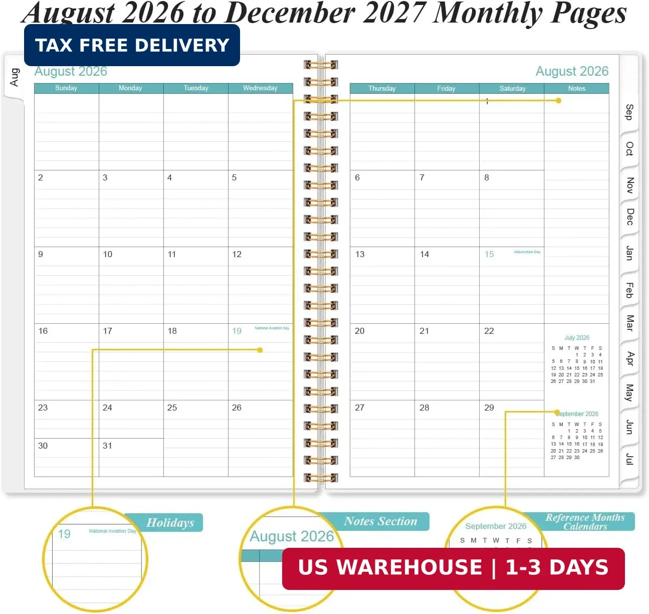 2026-2027 Monthly Planner – August 2026 – December 2027, Two Pages Per Month, 17