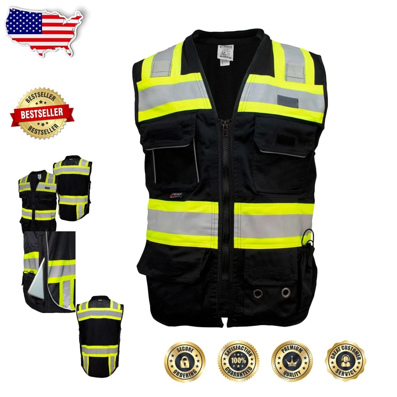 Durable Survey Vest Unisex Medium Black 100% Polyester Moisture Wicking