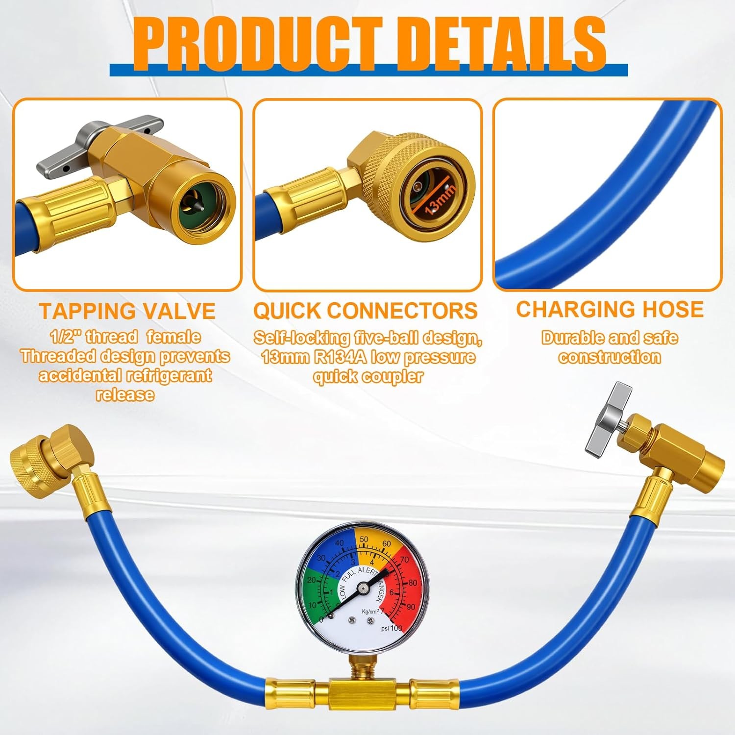 R134A Car AC Refrigerant Charge Hose Kit Recharge Hose with Gauge,1/2” Can Tap