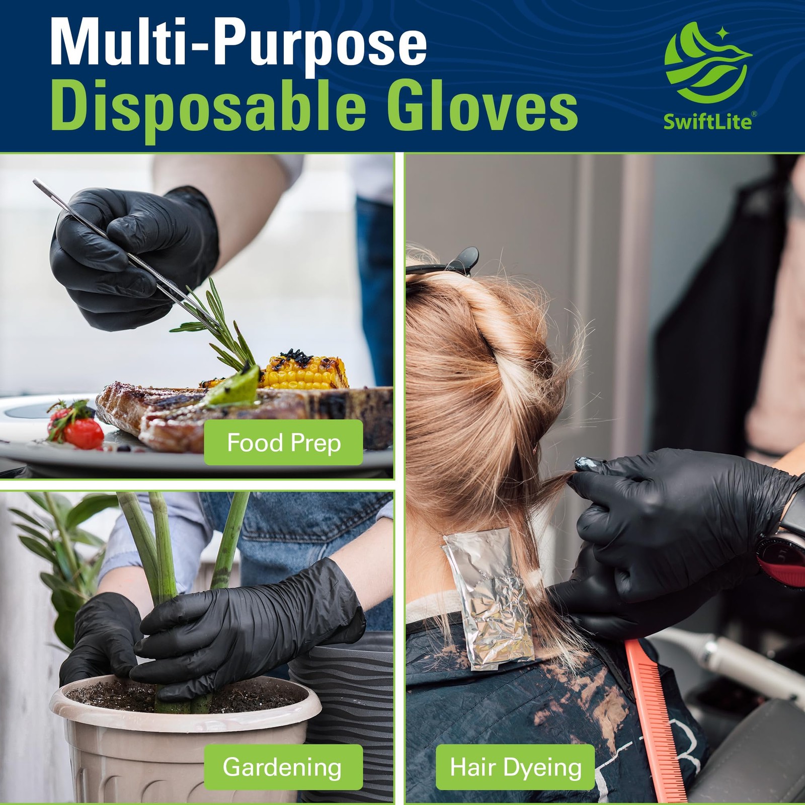 SWIFTLITE Black Nitrile Gloves, Food Safe Medium, 02-black(medium 100)