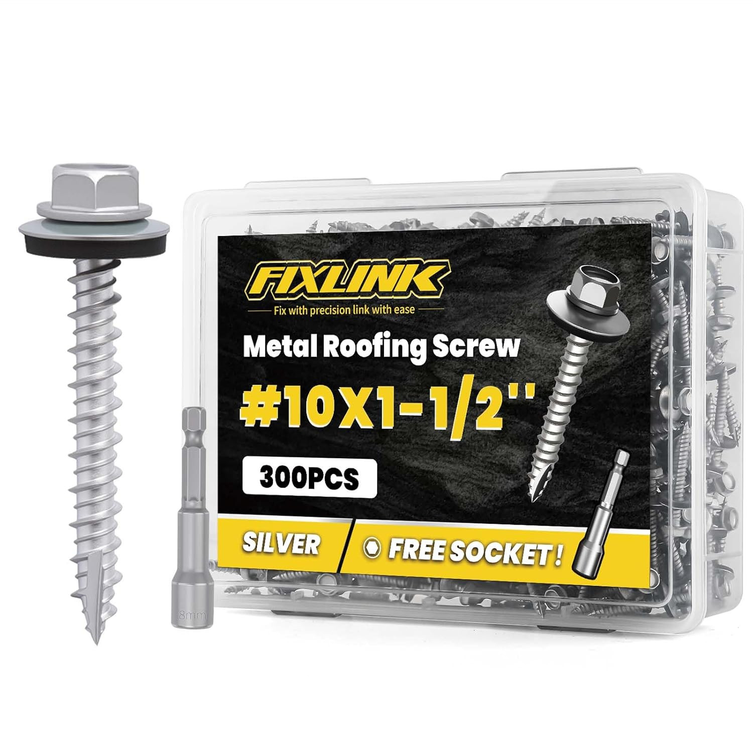 Metal Roofing Screws #10 X 1-1/2″, 300 PCS, FIXLINK RUSPERT Hex Head Rubber Wash