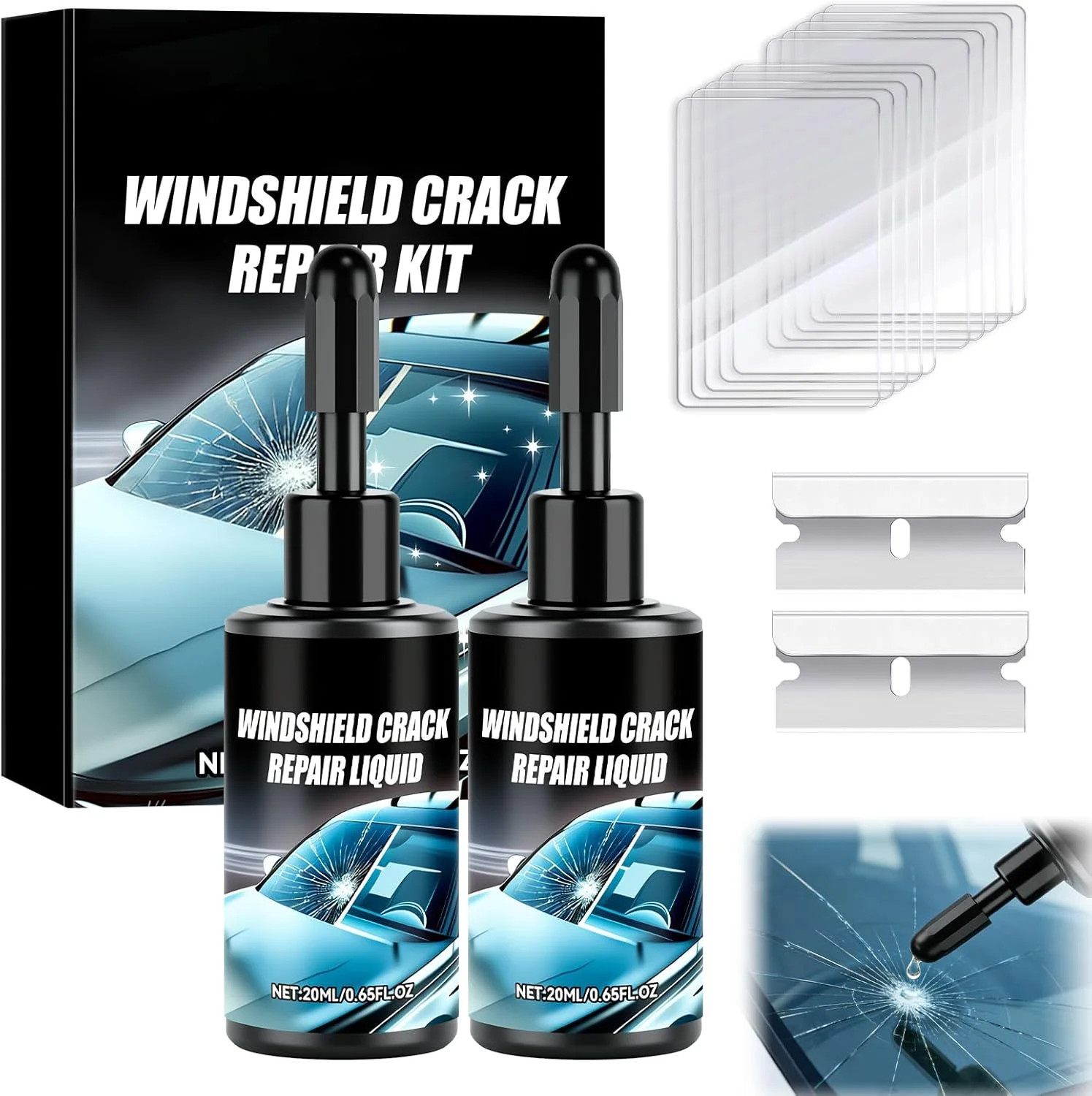 Windshield Crack Repair Kit (2-Pack) – Professional Glass Repair Liquid for Chip