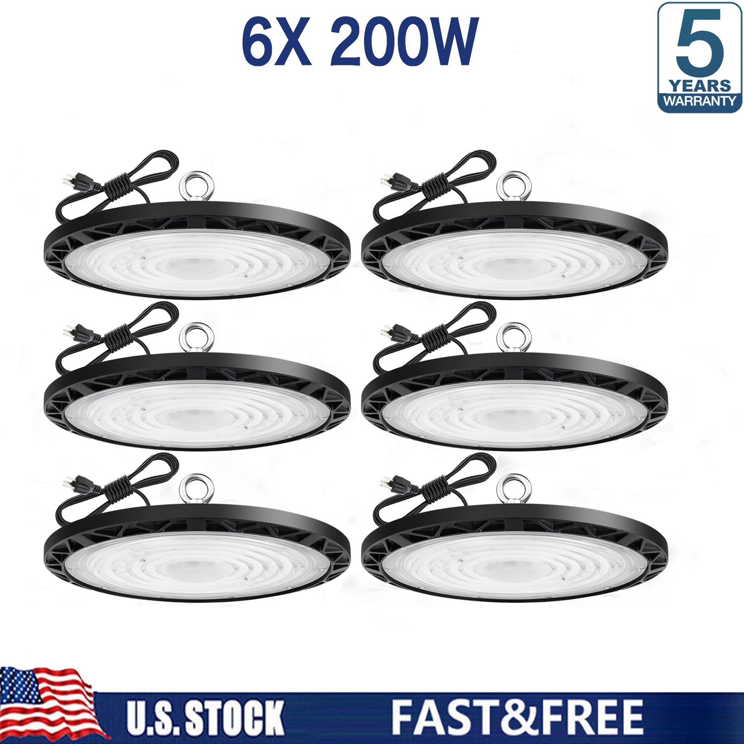 6 Pack 200W UFO Led High Bay Light Industrial Commercial Factory Warehouse 6000K
