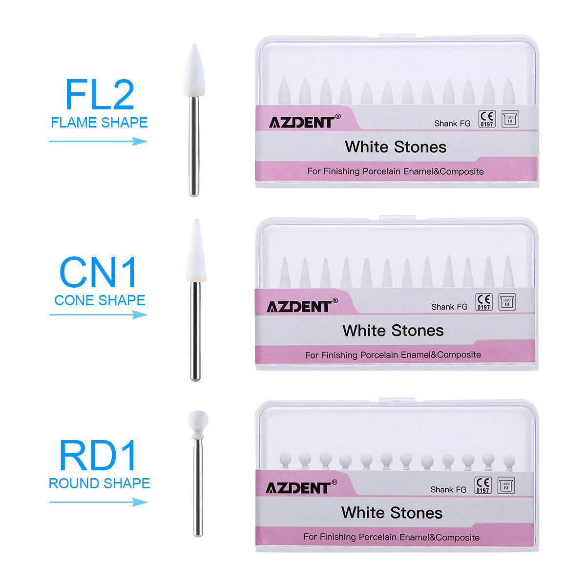 Dental White Polishing Stone Flame Cone Shape FG Burs Drills Arkansas Stone