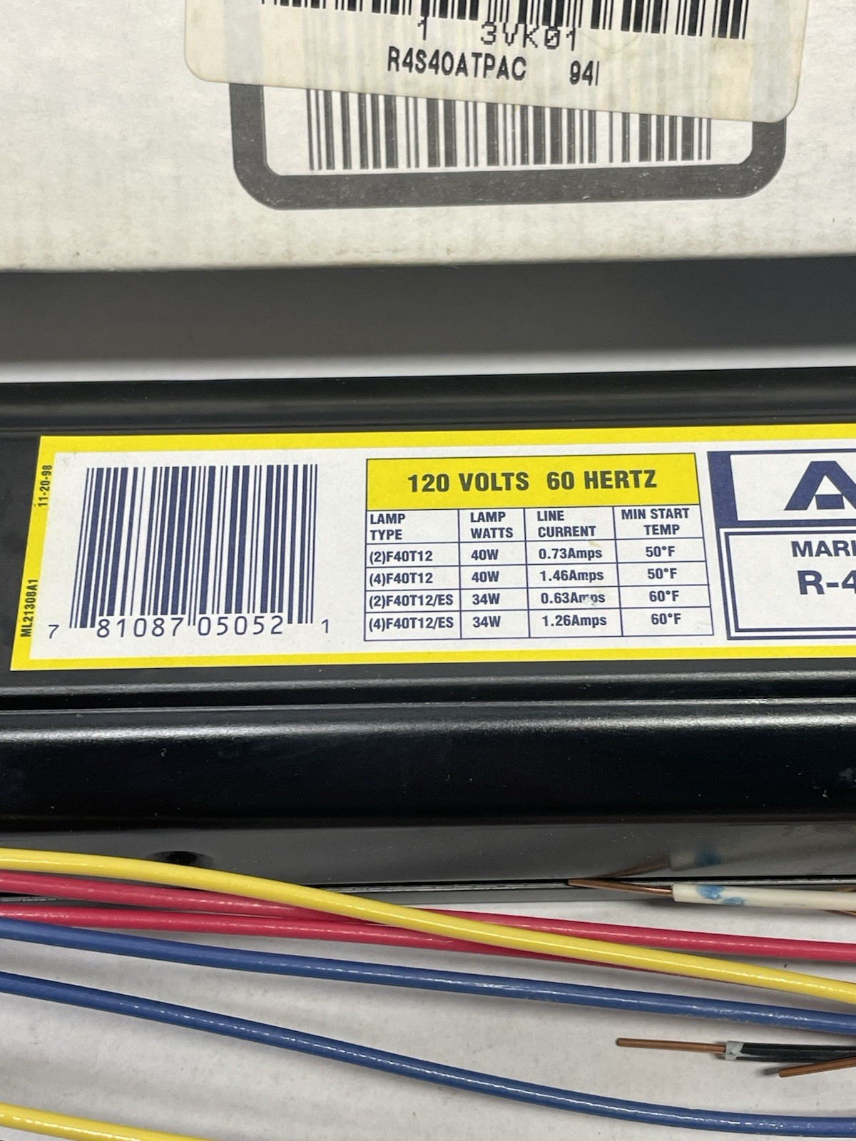 Advance R4S40ATPAC Rapid Start Ballast 120V 60Hz R-4S40-A-TP-AC
