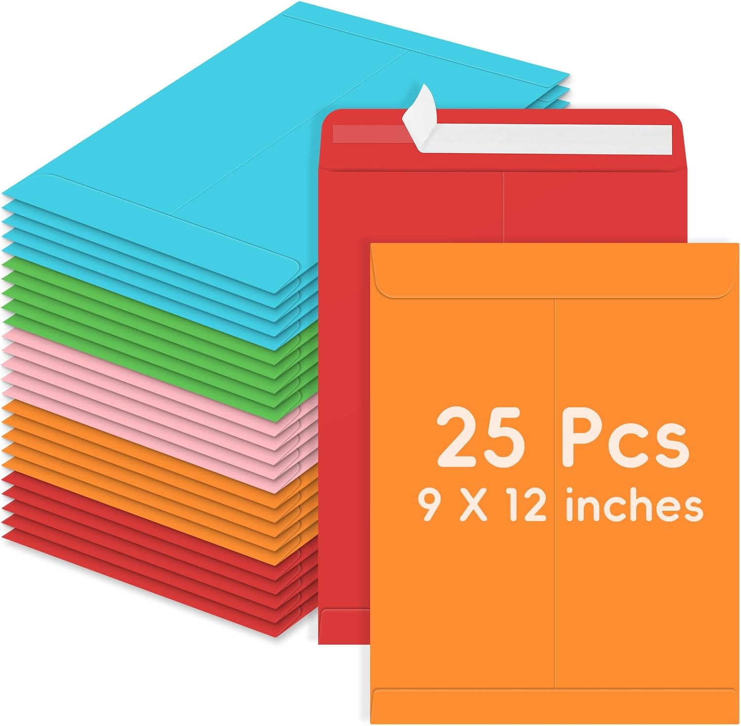 25 Pack Colored Mailing Envelopes, 9 X 12 Inches Self-Seal Colorful Manilla