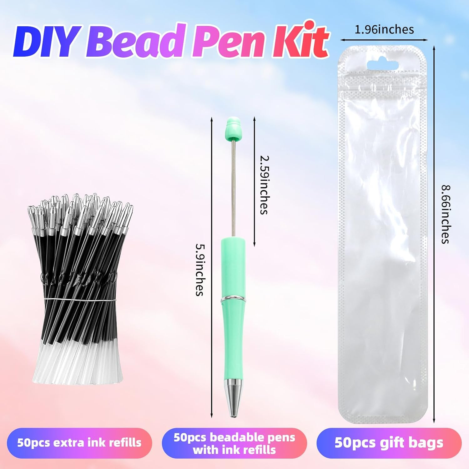 150 Pieces DIY Beadable Pens Kit – 50 Plastic Beadable Pens Bulk, Refills & Pen