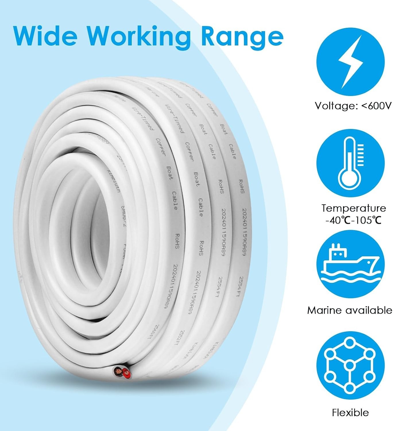 Marine Grade Duplex 6 AWG /2 15 ft Tinned Copper Oxygen Free Stranded Cable, NEW