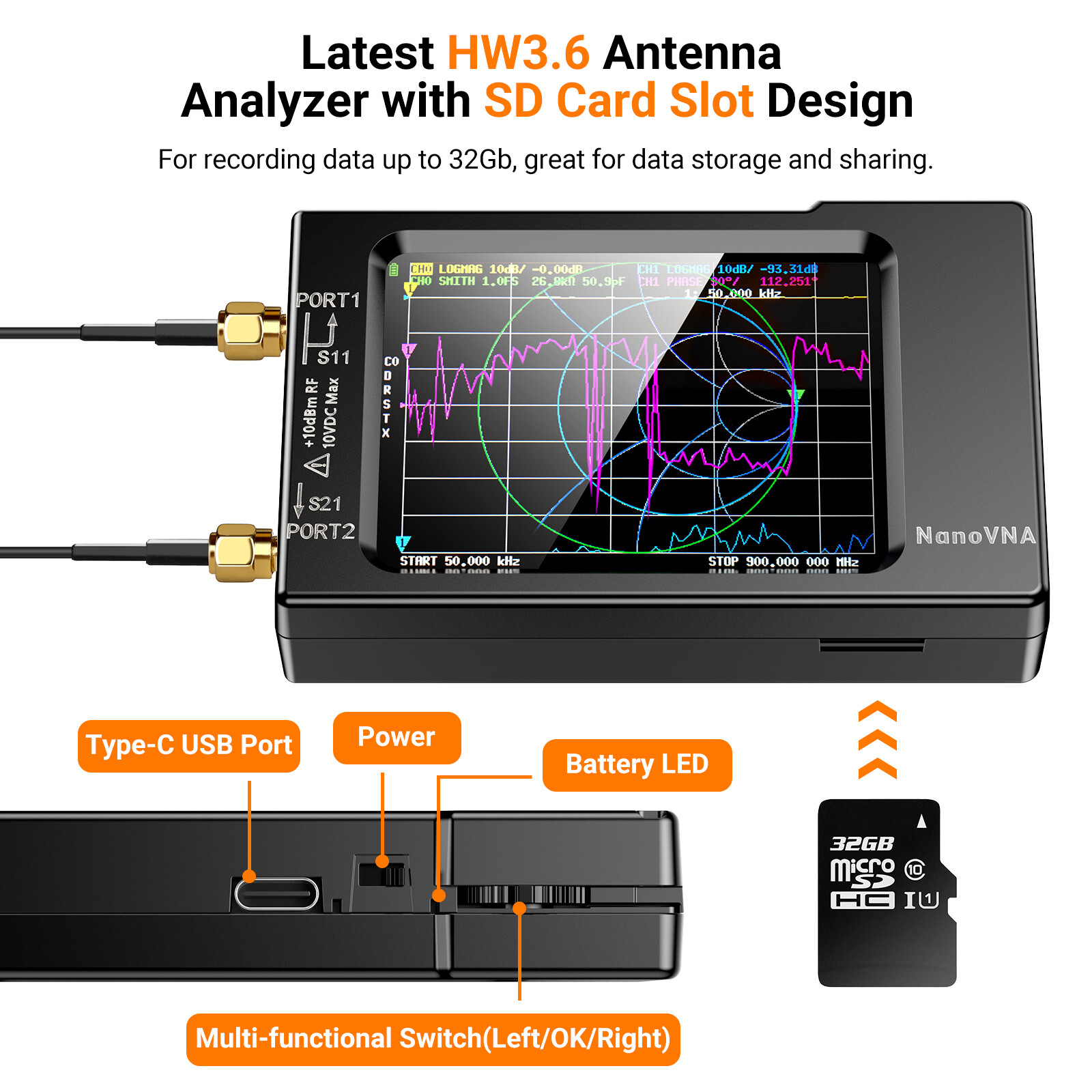 NanoVNA-H Vector Network Antenna Analyzer MF VHF UHF HF 10KHz-1.5GHz Analyzer