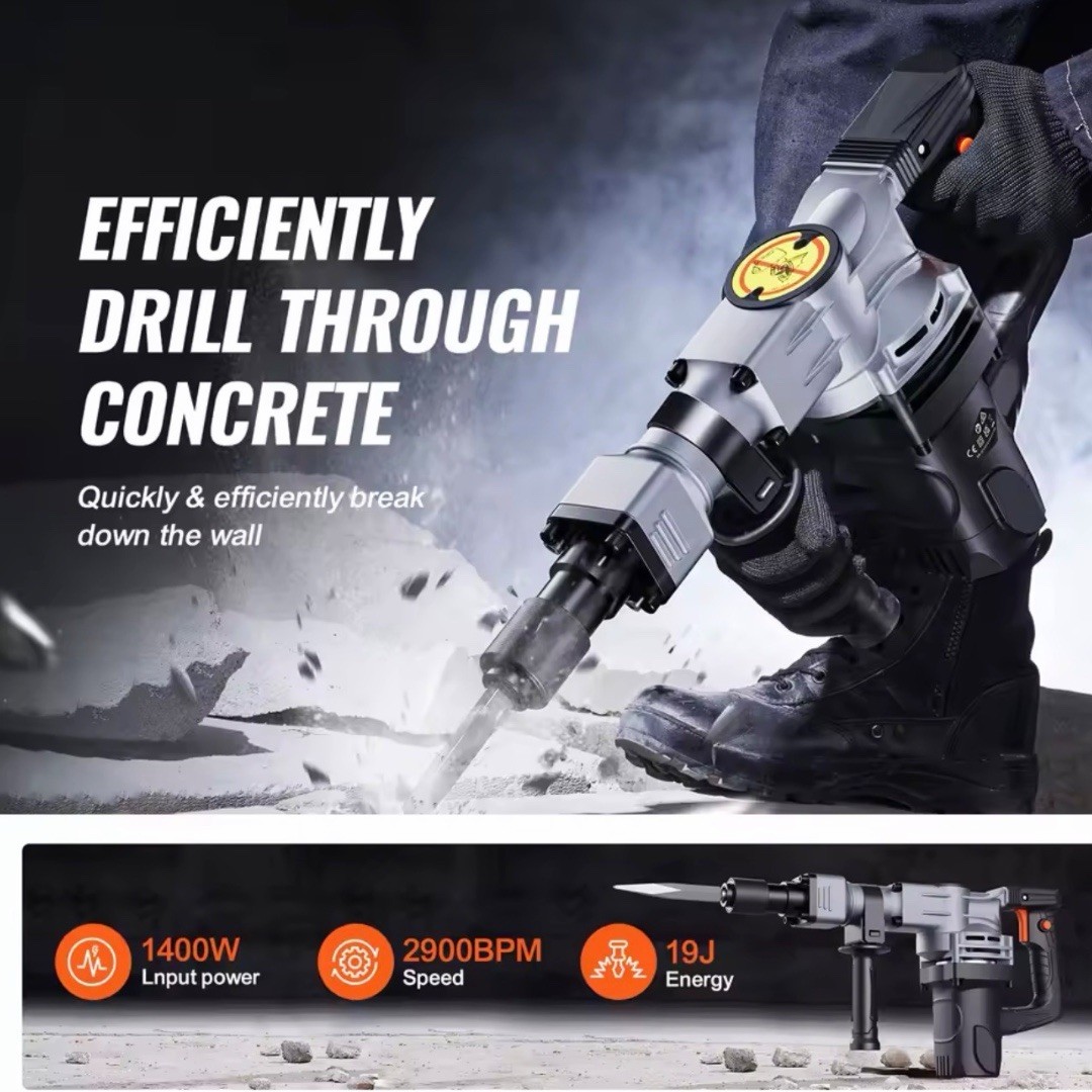 1400W Electric Demolition Hammer Jack Hammer Concrete Breaker 19J w/ Chisels