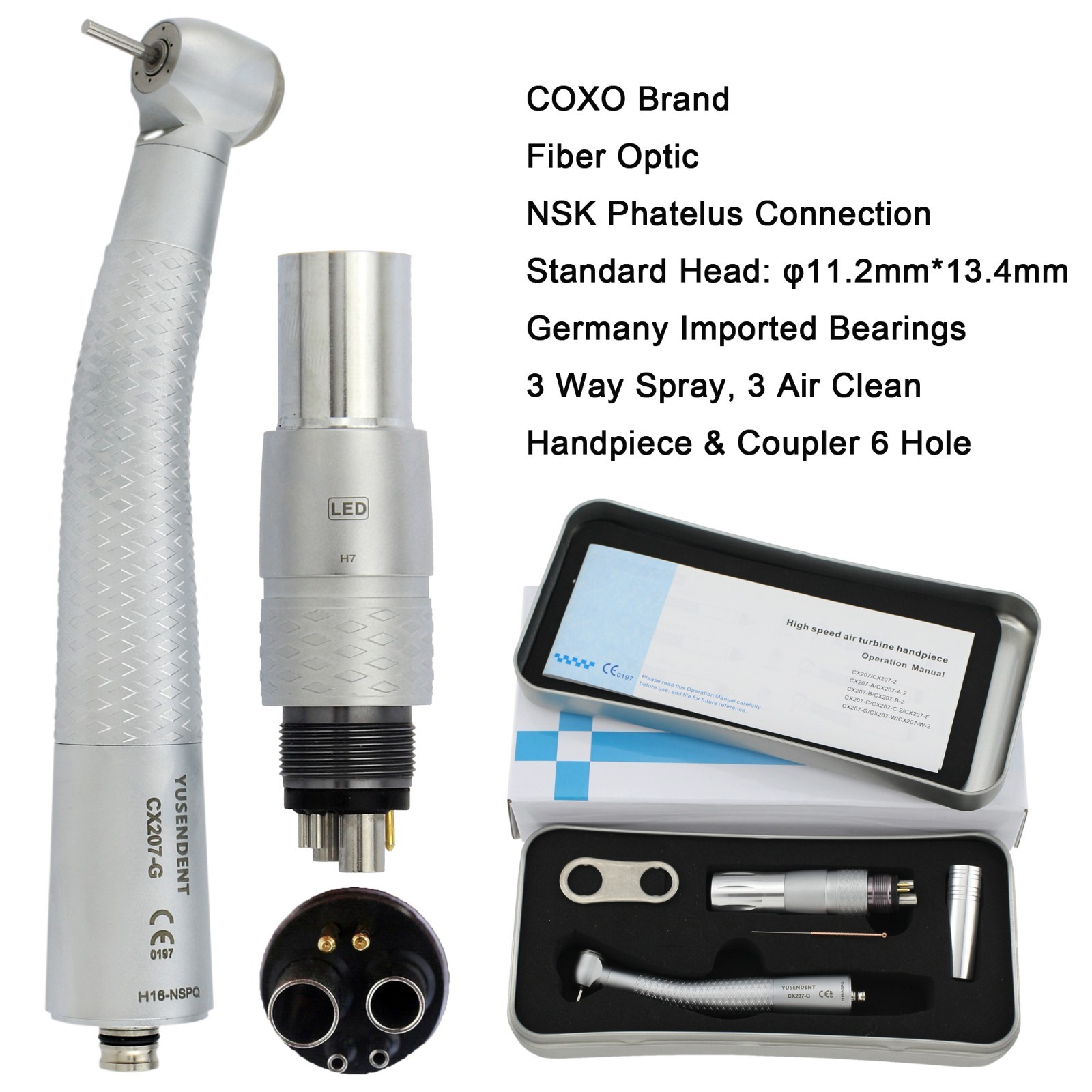 COXO Dental Fiber Optic Turbine High Speed NSK Phatelus Coupler 4 Hole 6 Pin LED
