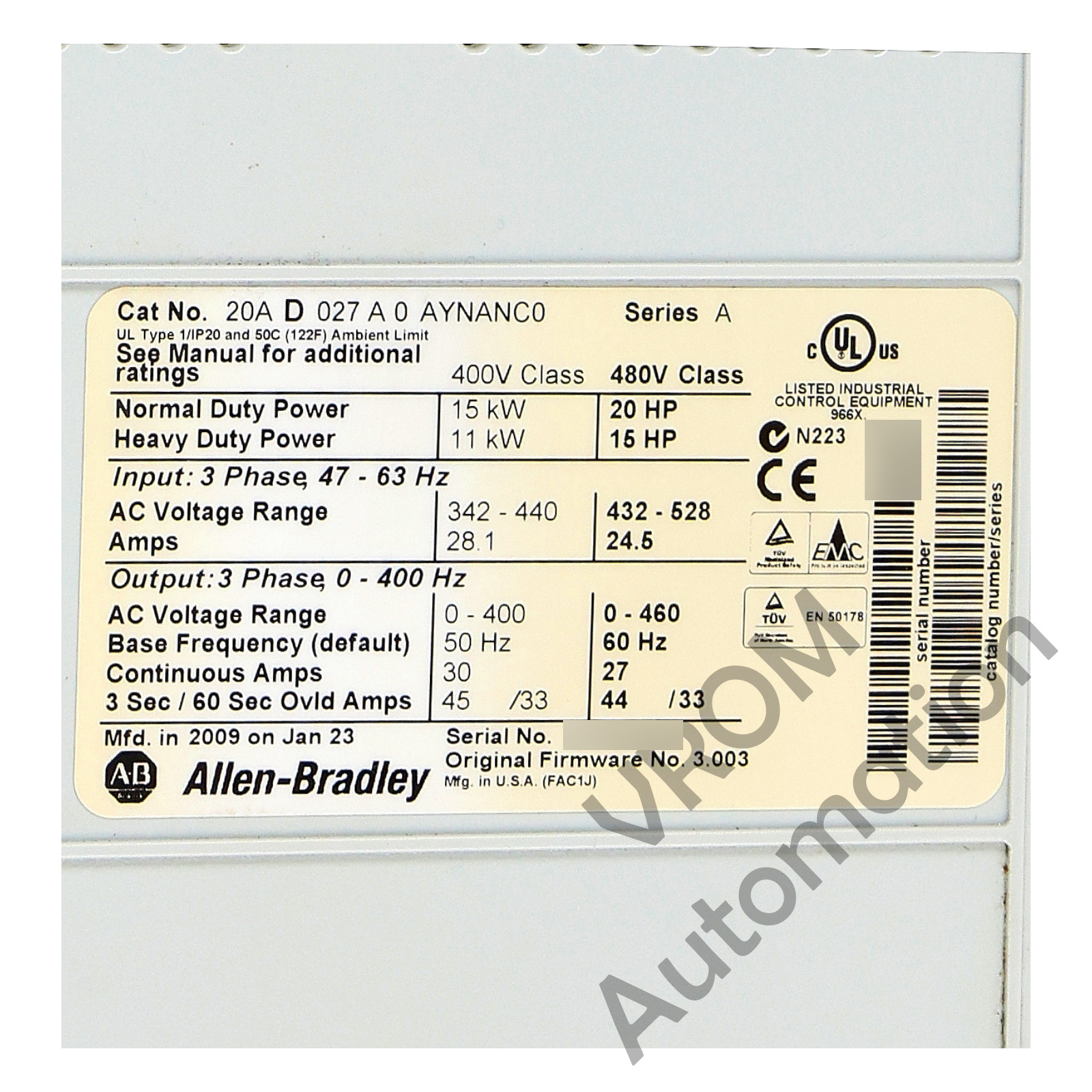 Allen Bradley 20AD027A0AYNANC0 /A PowerFlex 70 480V 27A 20HP Normal Duty 15HP He