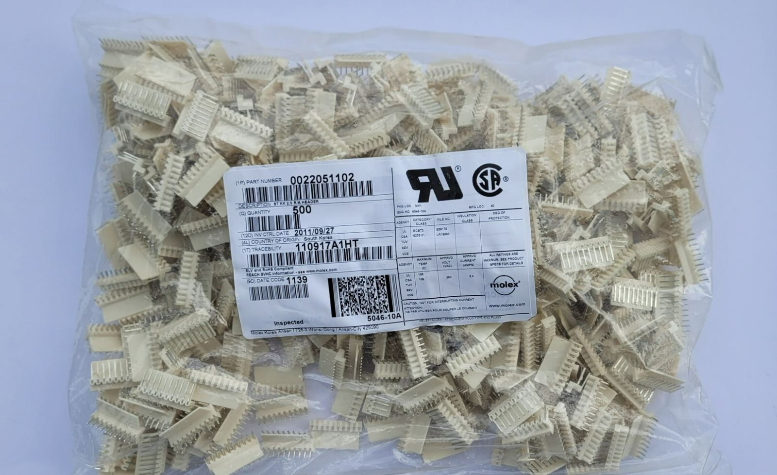 500pcs of 0022051102 MOLEX Connectors Wire to Board HDR 10 POS 2.5mm Solder RA