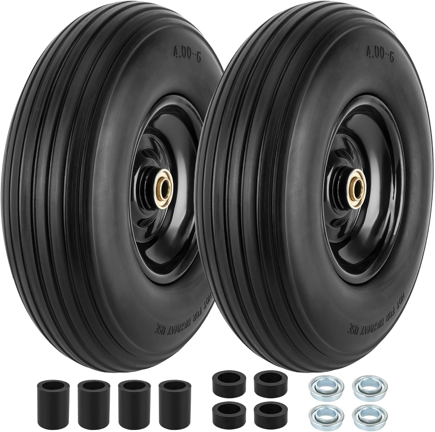 4.00-6 Flat-free Tire and Wheel, 13″ Wheelbarrow Wheels 13.5 inches, Black