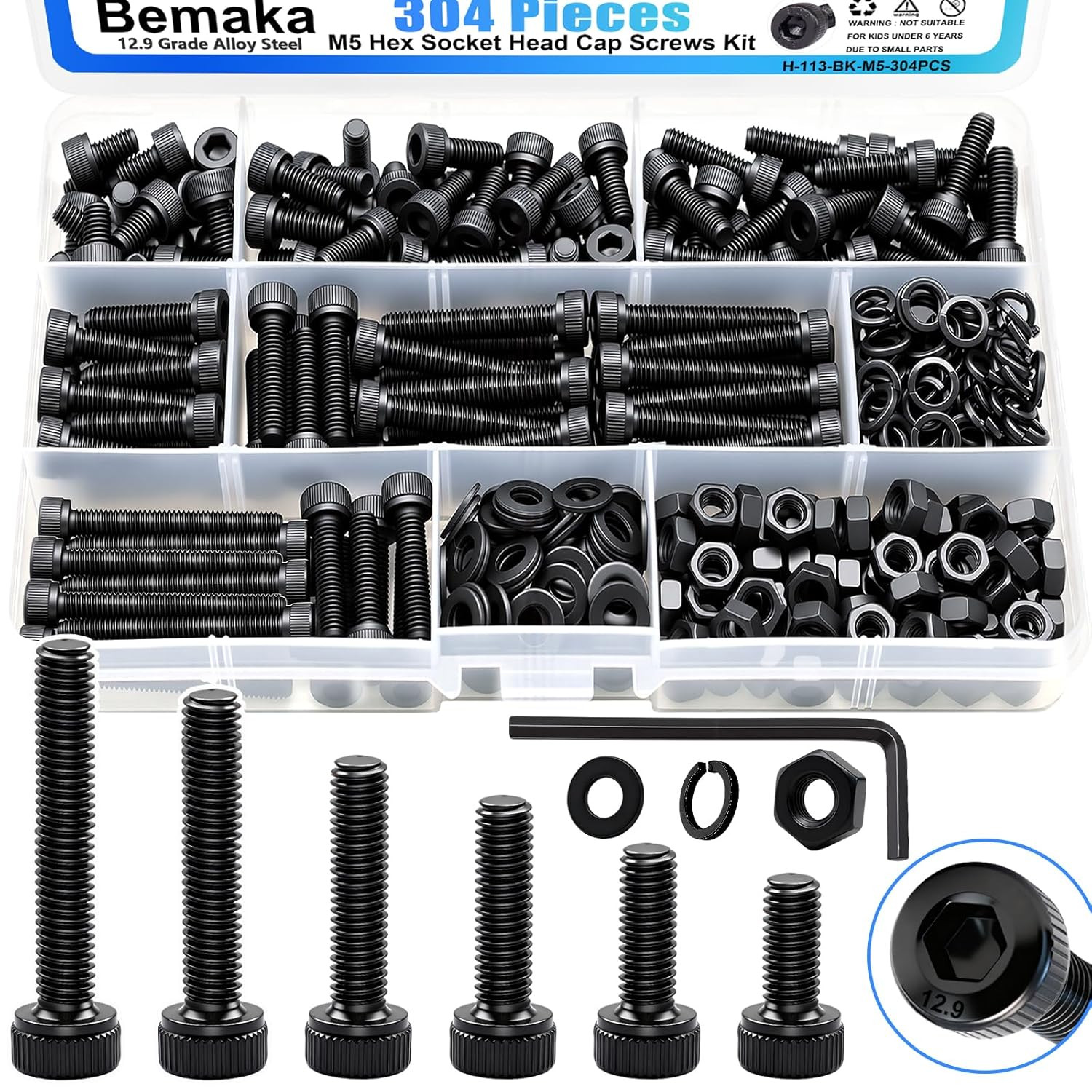 304PCS M5 Hex Socket Head Cap Screws Kit M5×8/12/16/20/30/35 mm Bolts, Nuts & Wa