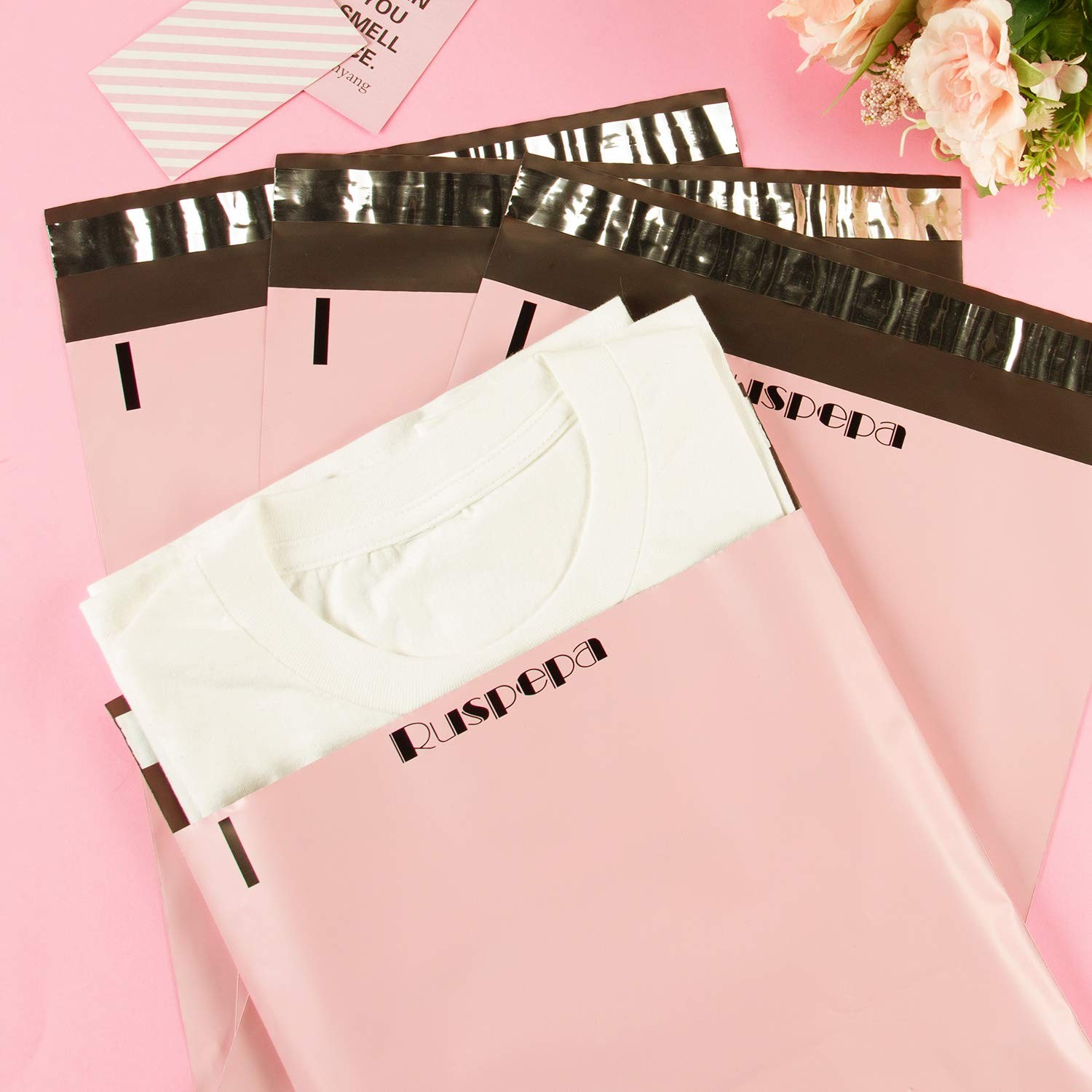 50 Pack 10×13 Inch Pink Poly Mailers With Handle 3 Mil Shipping Bags